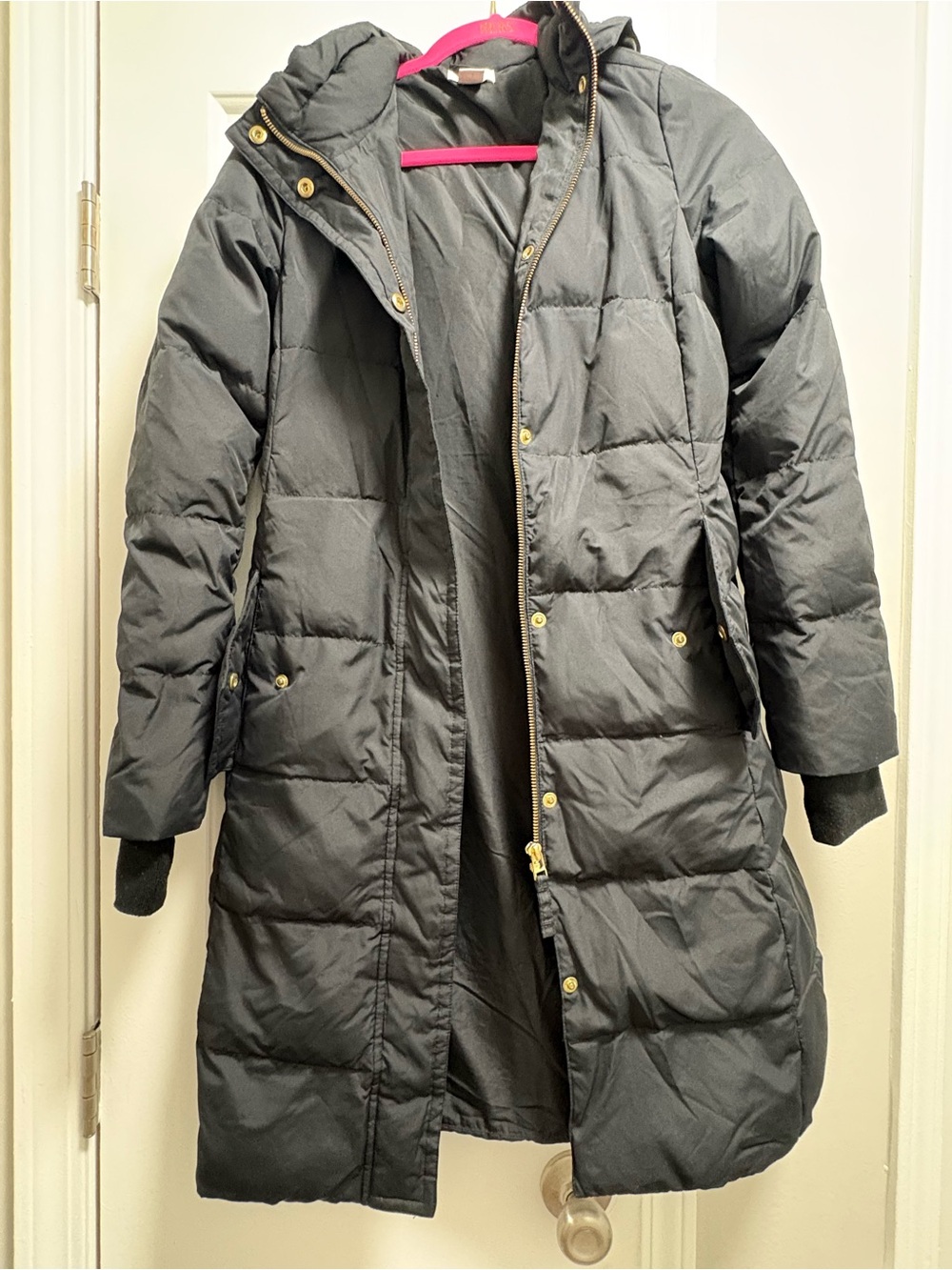 J. Crew Black Long Quilted Puffer Coat with Hood
